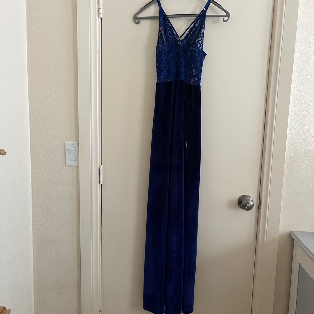 Sky Yevawe Velvet Lace Bodice Maxi Dress Small High Thigh Leg Slit Coquette Blue